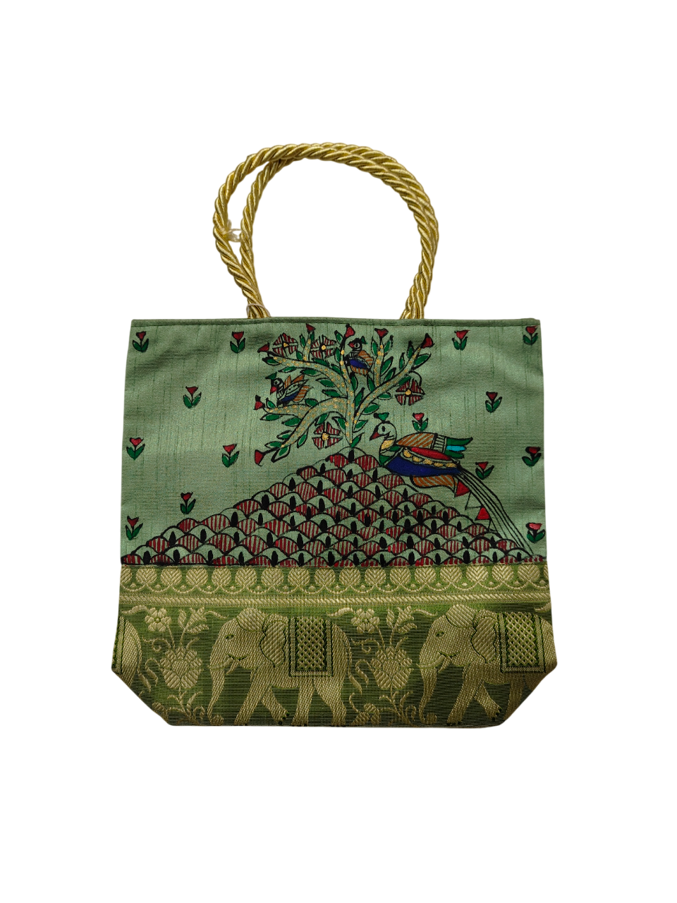 Handpainted Madhubani Bag – Green with Brocade Border, Tree of Life